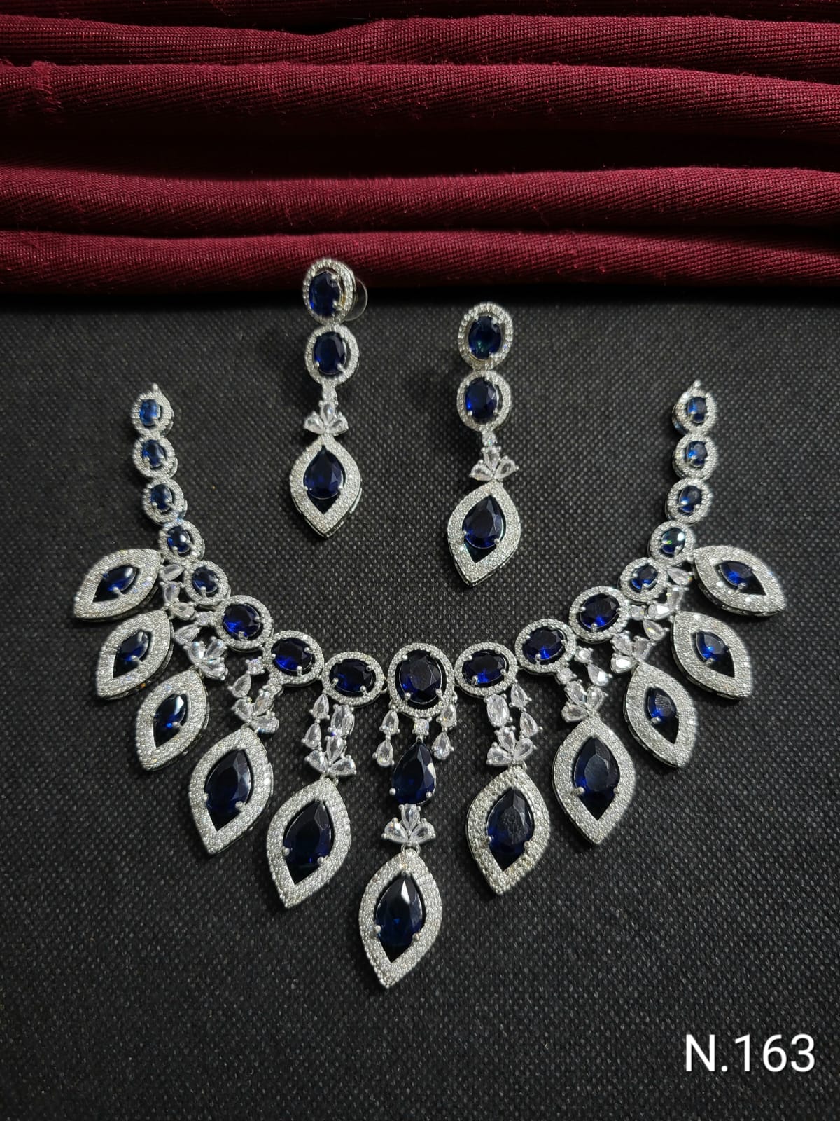 Deep Navy "Azure Leaf" AD Statement Necklace with Long Earrings